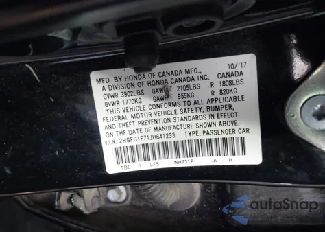 2018 Honda Civic Ex-L from USA, damaged, VIN 2HGFC1F71JH641233